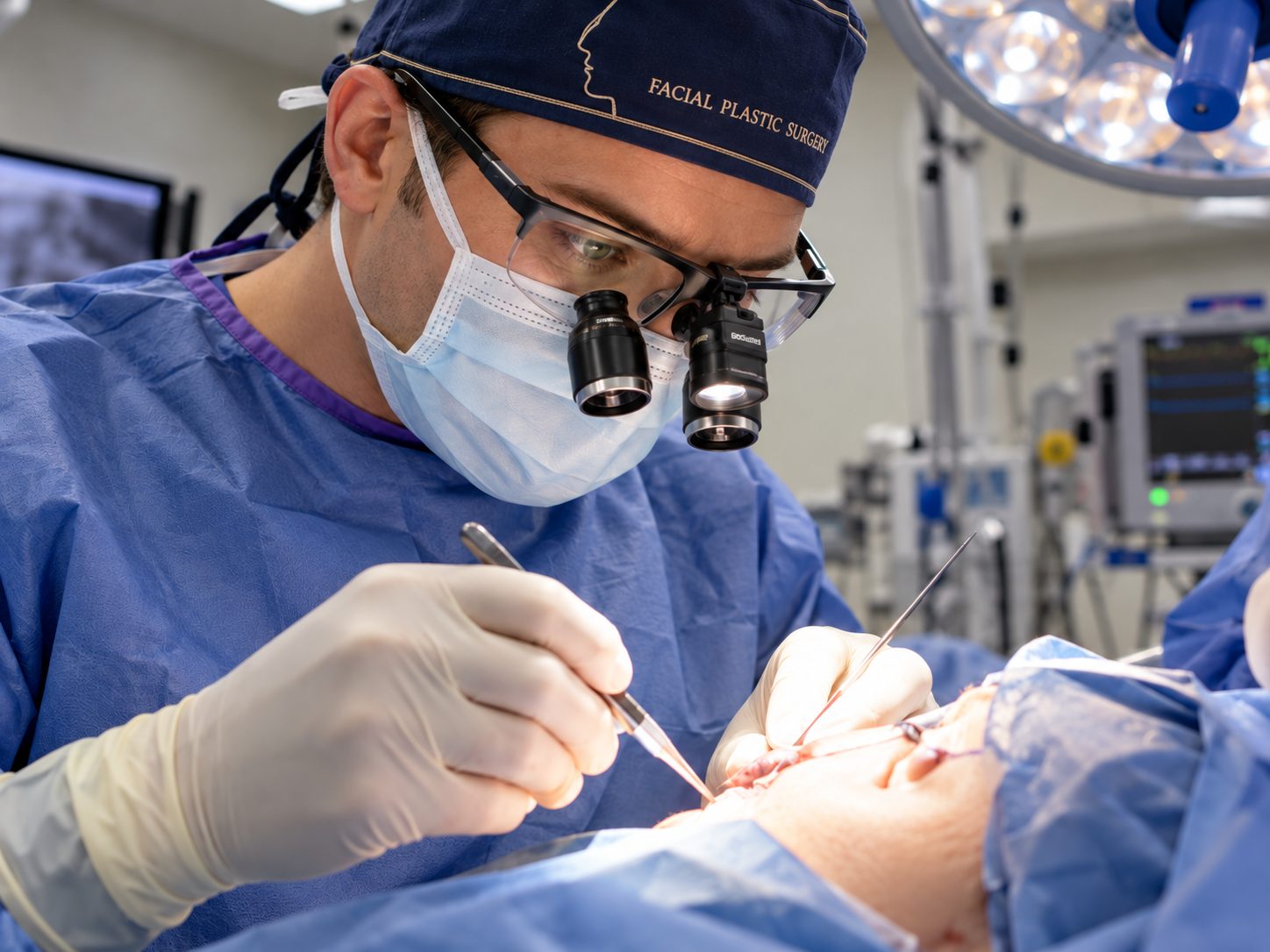 A surgeon at CDMS Surgery Center performing a facial procedure